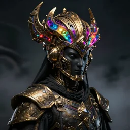 a dark sci fi matte painting portrait of a hard surface shadow priest wearing a massive ornate headdress made of realistic metal and sci fi armor, vivid glowing color scheme, cinematic lighting, smooth, dark sci fi, unreal engine, octane render, by vitaly bulgarov, golden rule, subject in center of frame, fog volumes, cgsociety