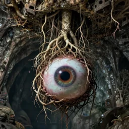 photo of roots growing down from a ceiling in an underground cavern wrapped around a severed eyeball. Fantasy magic horror style. Highly detailed 8k. Intricate. Nikon d850 55mm. Award winning photography. Hr giger. Zdzislaw beksinski