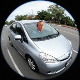 larry david in his 2 0 0 9 prius, fisheye lens, anime