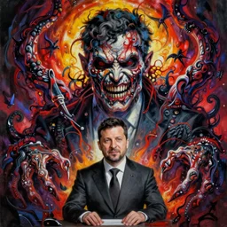 amazing detailed intricate horror painting of a monstrous president zelensky. disturbing, twisted, dark, evil. vibrant colors. award winning. trending on arstation.