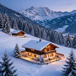 matte painting of winter christmas mountain cottage szene in beautiful landscape in the bavarian alps, by albert whitlock, amazing details, beautiful composition, vibrant colors, bird eye view, luminescent, warm hue's