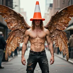 ripped physique winged man disguised as a mothra whilst wearing a traffic cone hat transmetropolitan jen bartel winslow homer darick robertson staedtler