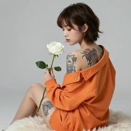 orange jacket tattooed attractive short haired girl sits on a plush holding a white rose, deep focus, turnaround, fantasy, intricate, elegant, highly detailed, digital painting, artstation, concept art, matte, sharp focus, illustration, hearthstone, art by artgerm and greg rutkowski and alphonse mucha.