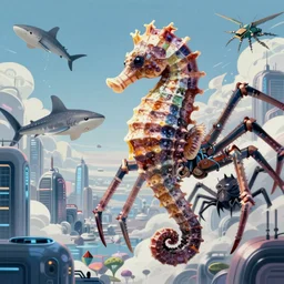 a seahorse, goblinshark, dragon, and spider hybrid giant kaiju! destroys futuristic city, surreal art, semi realistic anime, h. r. giger, studio ghibli, makoto shinkai, cinematic, award winning illustration, masterpiece, trending on pixiv, 8 k