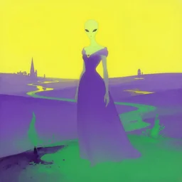 princess of zothique, by frank frazetta, alien landscape, vibrant colors, yellow purple green, minimalist