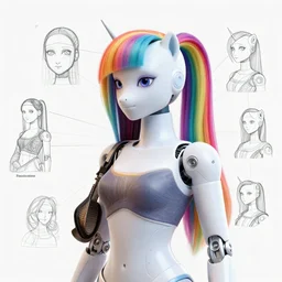 anthropomorphic social bot network blueprint accompanying female with rainbow pony tails, cyber haircut, v decollete, leonard da vinci style