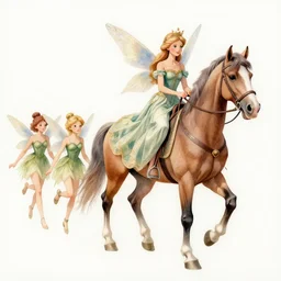 highly detailed watercolor, procession of fairies led by fairy queen on a horse, long hair, magic realism, cottagecore, mysterious, charles vess, anato finnstark, cinematic lighting, beautiful face by leyendecker