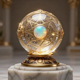 opal crystal orb resting on a marble pedestal, dynamic lighting, jewelry complex sacred geometry, artstation, 8k, magical, elegant, fantasy, highly detailed, art deco, relic, elegant