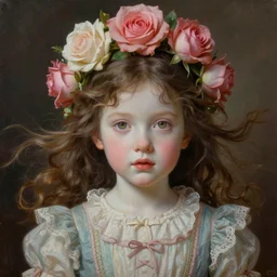 a young girl portrait with porcelain face and hazelnut big eyes, two ponytails flying in the wind head, dressed in a vintage dress, blooming roses in her head, conceptual art, oil fantasy painting, hyperdetailed, dramatic light, 8 k