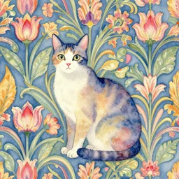 watercolour psychedelic louis wain cat, wallpaper design, william morris wallpaper design, textile pattern, damask floral