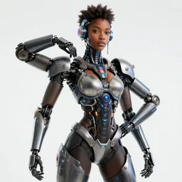 beautiful centered fine art photo portrait of beautiful black girl with solarpunk mecha humanoid parts with led lights, sexy serpentine pose gesture, ultra - realistic, white background, highly detailed and intricate, soft box lighting, shallow depth of field hdr 8 k