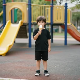 boy with ice cream in the playground, black clothes, leyendecker style, away from the camera s - 2 5, park games, colors