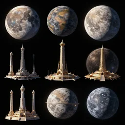 list of quality rendered objects of various ancient stations, cosmic weapons, colossal space constructions and engineered artificial moons on a black solid background