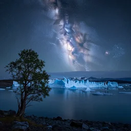 beautiful landscape photography, iceberg, a lake, a tree in the foreground, night, milky way