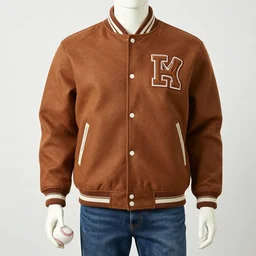 photo of a mannequin wearing a brown letterman jacket and jeans, holding a baseball bat, low angle shot, 4k, photorealistic, hd, film grain