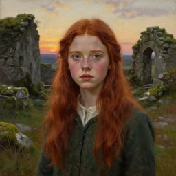 a well - lit, realistic oil painting emotive portrait of a girl resembling a young, shy, redheaded irish alicia vikander or millie bobby brown in moss - covered ancient stone ruins at sunset, highly detailed, intricate, concept art, artstation, by donato giancola, ron cobb, and artgerm