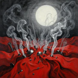 magical landscape exploding in detail, chiaroscuro, red fabric, metalic parts, transparent smoke from hell, notan sun in the background, abstract, surreal art, painted by beksinski and android jones
