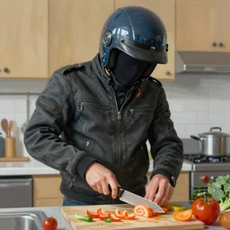 man wearing a motorcycle helmet with face covered, wearing a motorcycle jacket, cutting food with a knife, in a kitchen, painting by mark keathley