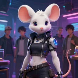 beautiful portrait of a female anthropomorphic albino mouse fursona wearing cyberpunk clothes in a cyberpunk club. character design by disney, charlie bowater, ross tran, artgerm, and makoto shinkai, detailed, soft lighting, rendered in octane