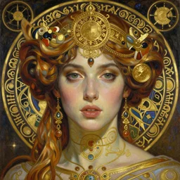 hyper realistic painting portrait of riae, occult diagram, elaborate details, detailed face, intrincate ornaments, gold decoration, occult art, oil painting, art noveau, in the style of roberto ferri, gustav moreau, david kassan, bussiere, saturno butto, boris vallejo