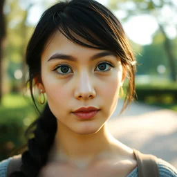 a photograph of a young woman in a park, dof, sharp focus, highly detailed face, symmetric face, realistic iris, cinestill 8 0 0 t, photography by william daniels