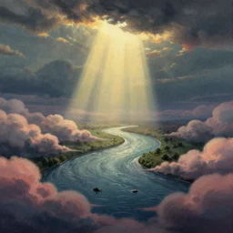 editorial illustration by karolis strautniekas and mads berg, clouds melting into rivers, colorful, fine texture, detailed, muted colors, film noir, dramatic lighting, dynamic composition, vivid, matte print, wide angle, ( ( sunbeams ) ), moody, extreme perspective, dither