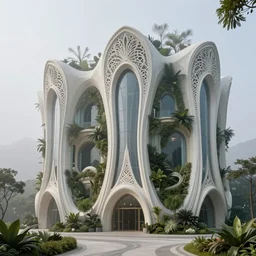 a photo of a futuristic biomimicry oasis facade + the facade is elegant and made of a biomimicry nature with ornate patterns + photo taken on a misty morning + architectural photography, 8K, photorealistic