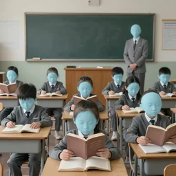 a very boring day in school, kids wearing identical clothes reading books, teachers without faces, painting by quint buchholz and ray caesar, muted colors, gray, dull, boring, low energy, pale blue faces, very detailed