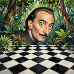 colored painting by salvador dali, trending on artstation, highly detailed, black and white checkerboard floor in the middle of the rainforest, intricate, elegant