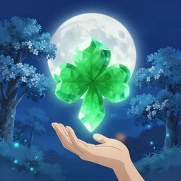 Illyasviel holding floating green crystal | ghibli clover | Big Moon at Blue Night | Trees with white flowers | bioluminescent blue FLOWERS | strong blue rimlit | visual-key | anime illustration | highly detailed High resolution | Light Novel | Visual Novel | Gosick