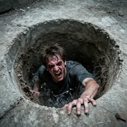 man screams for help as he gets sucked into the concrete, realistic, hdr, clear image, hdd, dynamic lighting, creepy, horror, real footage,