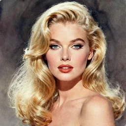 stunning award - winning portrait by peter lindbergh of a beautiful young blonde woman. vintage hollywood glamour. long shiny wavy hair. movie star makeup. vogue. fashion photography. sharp focus. watercolor painting.