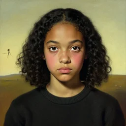 a shy dark skinned brazilian girl blushing with droopy eyes, black curly hair, wearing a dark sweater, painting by salvador dali, surrealism