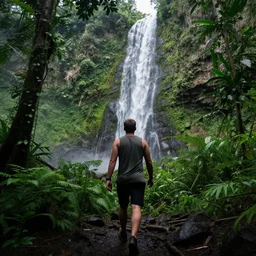 4 k realistic photo of a man walking through a jungle, lush rainforest, waterfall in the background, high definition