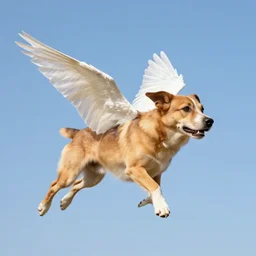dog with wings flying through the sky