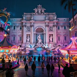 the carnival of rome in 1 8 1 2, cyberpunk, neon colors, scenic, magnificent atmospheric, octane render, unreal engine, in the style of selgas cano, cinematic lighting,