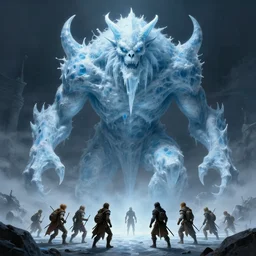 giant ice revenant looms over a tiny party of 5 adventurers, high fantasy, horror, dnd, highly detailed, smooth, sharp focus, chiaroscuro, digital painting, artgerm and greg rutkowski and alphonse mucha