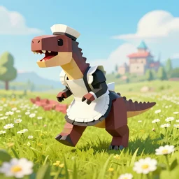 ( ( low poly ) ) ( playstation ) running ( ( anthropomorphic ) ) ( ( tyrannosaurus ) ) ( maid ) wearing a hat ( standing ) in a ( field of daisies ), mount coronet in the distance digital illustration by ruan jia on artstation