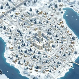 small winter town by the sea of a top down game, it has 1 castle and many small houses and hotels, no ui