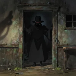 the magician with a black robe inside a abandoned house, shadows, lurker, ghibli style