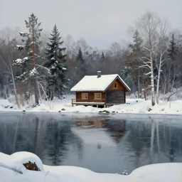 beautiful cabin on a lake in the winter, 8 k, matte painting, in the style of artist, josephine wall
