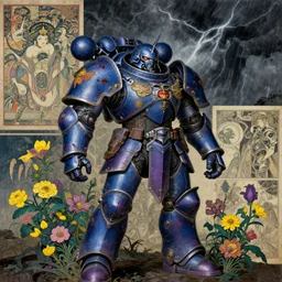 composition gothic of and futuristic, warhammer, cyber japan style armor, scars, thunderstorm, blue, purple, yellow, many mechflowers, the middle ages, highly detailed, artstation, in the style of moebius, jugendstil and classic japanese print, art by max ernst, compositon by ene magritte