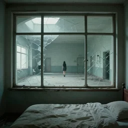 vertical movie frame portrait of girl inside abandoned bedroom, ominous backrooms at distance seen through big broken shattered window, giger interior design, architectural design, vintage, liminal aesthetic, dreamcore, weirdcore, clean lines, wide angle, by wayne barlowe, tsutomu nihei, zdzislaw beksinski,