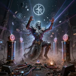 squid performing ritual magic with tesla coils and sigils, technology and magick, circuitry and sigils combined, photorealistic, royo, frazetta, leds, dust, laser light, crystalline shimmers, chaos, complexity, emergence,