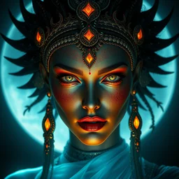 portrait of ancient goddess, beautiful, attractive, glowing, jaw dropping, magical, dynamic lighting, dark, demonic, 4 k, octane render, age 2 0, background moon