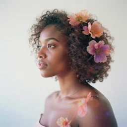 double exposure photograph of a singular black woman and dreamy flowers in volumetric lighting