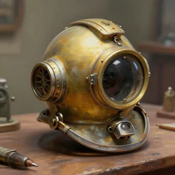 an old diving helmet artifice object study display on a table close up macro and intricate digital painting trending on artstation by wlop octane render