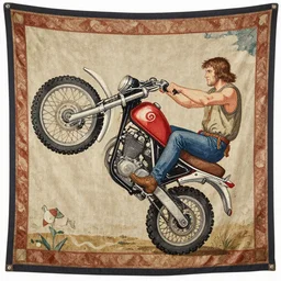 medieval tapestry depicting a man doing a wheelie on a motorbike