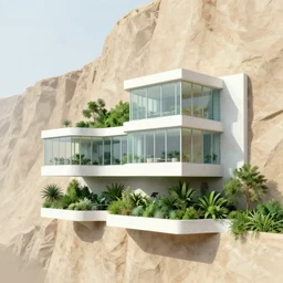lateral view, habitat 7 6 glass house built on the side of a vertical cliff, brutalist architecture, desert, digital painting, white concrete, green lush garden, stairways, orange sandstone, highly detailed, smooth, sharp focus, 3 d rendering, octane, unreal engine, moebius, digital, maya, award winning, trending on artstation