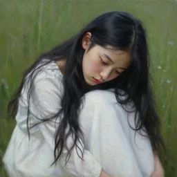 hyper realistic detailed painting of a paludnitsa. beautiful face, white dress, melancholic, long black hair, highly detailed, sharp focus, art by eddie mendoza, wide angle.